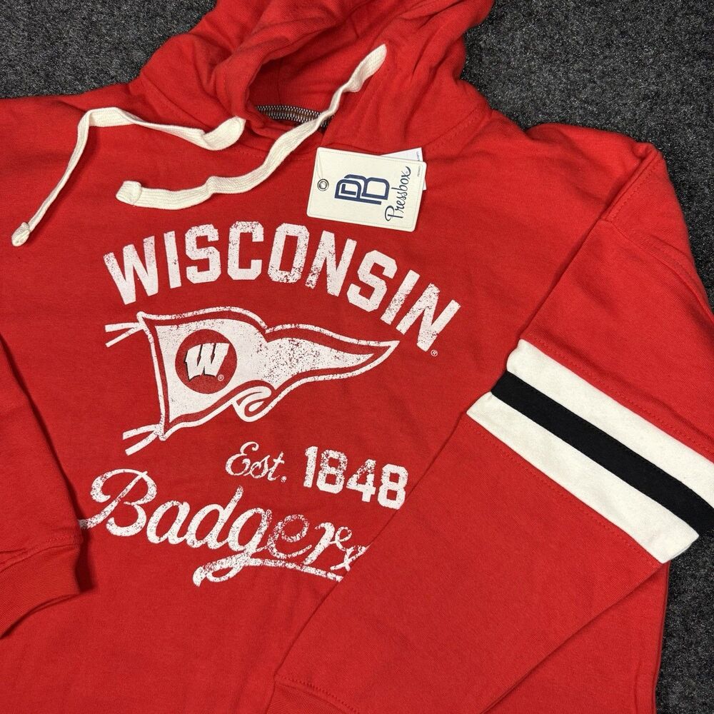 Wisconsin Badgers Super Pennant Pullover Boxy Hoodie Women’s Medium Red Pressbox